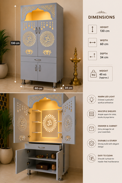 Premium Wooden Home Mandir with LED Backlit Om Design | White Pooja Cabinet with Storage | 130 × 60 × 34 cm