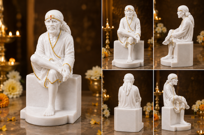 Pure White Marble Shirdi Sai Baba Idol – 9 Inch | Handcrafted Sangmarmar Murti for Home Temple, Office & Spiritual Décor