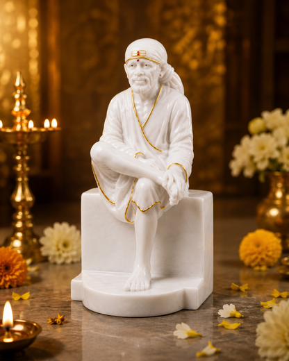 Pure White Marble Shirdi Sai Baba Idol – 12 Inch Handcrafted Murti | Premium Marble Statue for Home Temple & Gifting