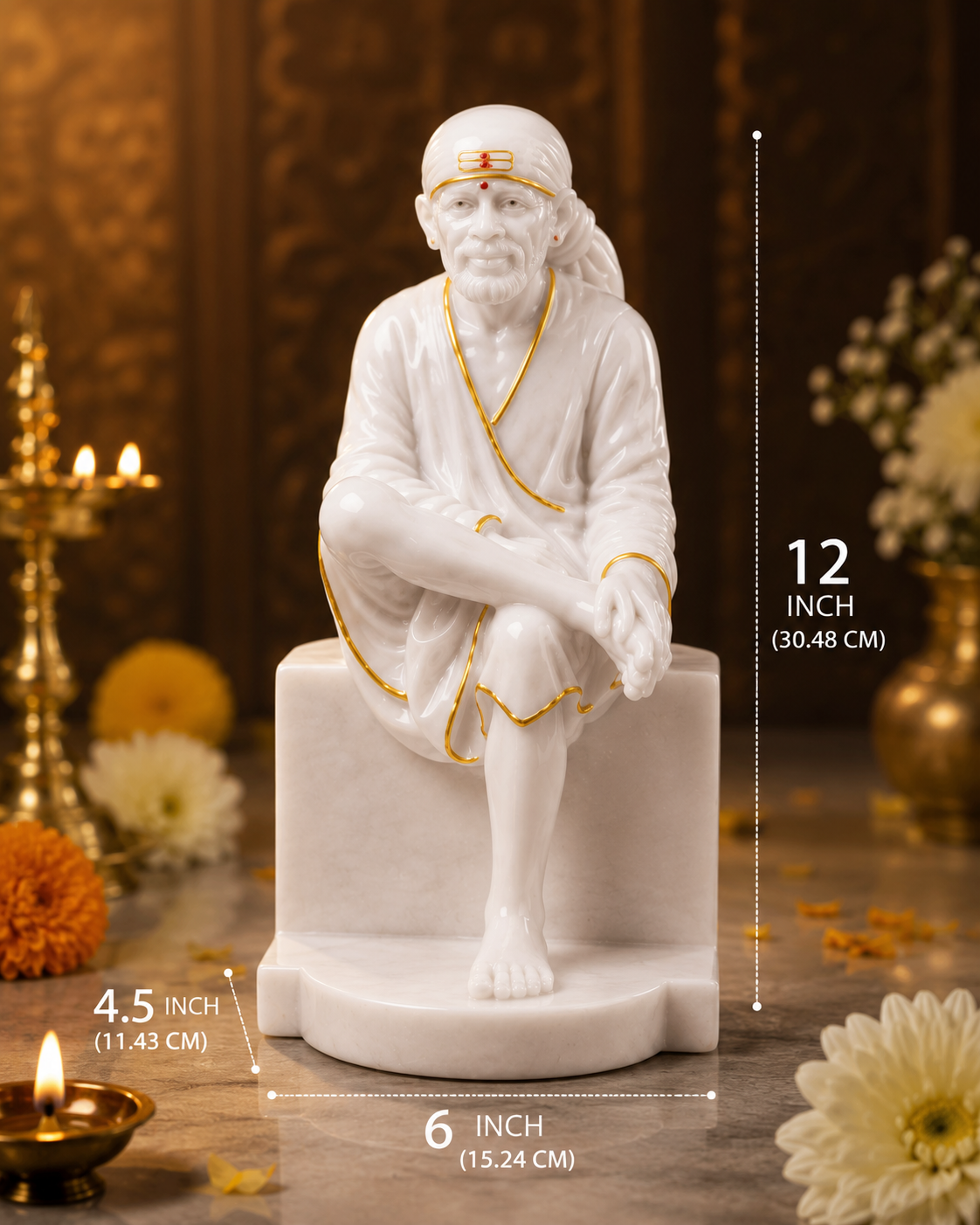 Pure White Marble Shirdi Sai Baba Idol – 12 Inch Handcrafted Murti | Premium Marble Statue for Home Temple & Gifting