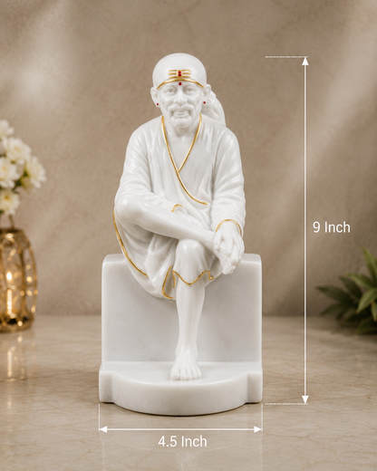 Pure White Marble Shirdi Sai Baba Idol – 9 Inch | Handcrafted Sangmarmar Murti for Home Temple, Office & Spiritual Décor