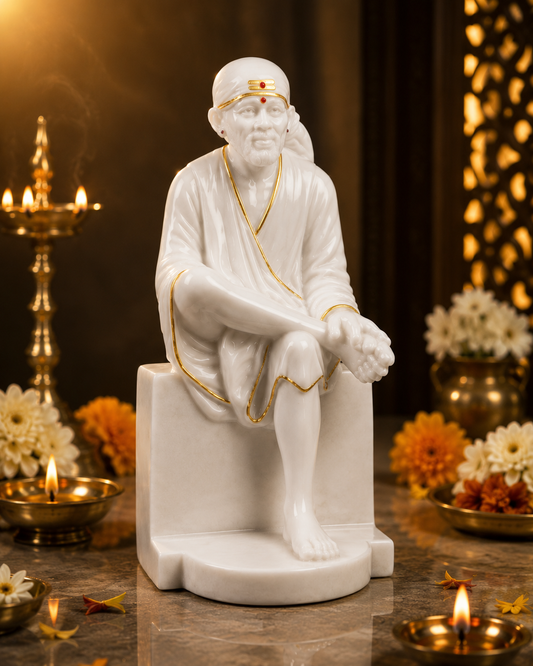 Pure White Marble Shirdi Sai Baba Idol – 9 Inch | Handcrafted Sangmarmar Murti for Home Temple, Office & Spiritual Décor