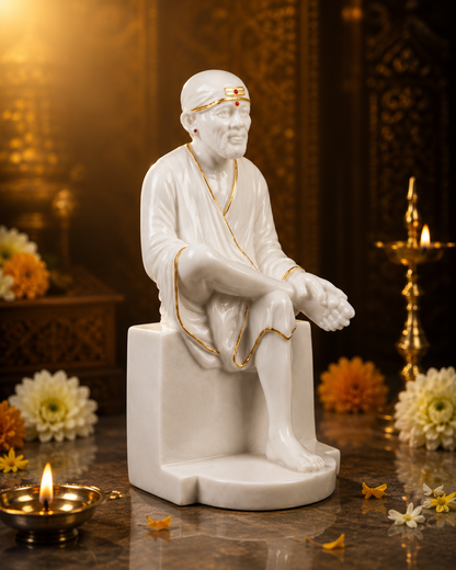 Pure White Marble Shirdi Sai Baba Idol – 9 Inch | Handcrafted Sangmarmar Murti for Home Temple, Office & Spiritual Décor