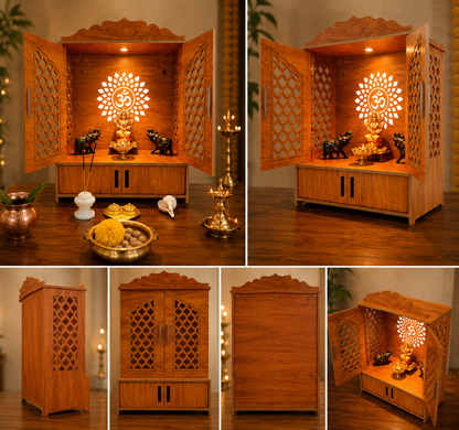 Premium Wooden Home Temple with LED Light & Storage – Engineered Wood Mandir for Home | 21 x 15 x 9 Inches