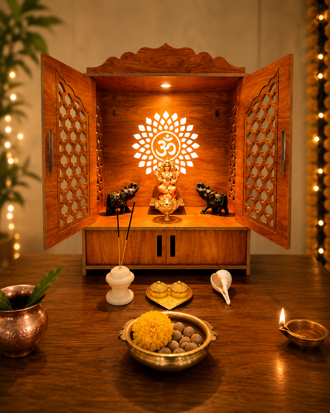 Premium Wooden Home Temple with LED Light & Storage – Engineered Wood Mandir for Home | 21 x 15 x 9 Inches