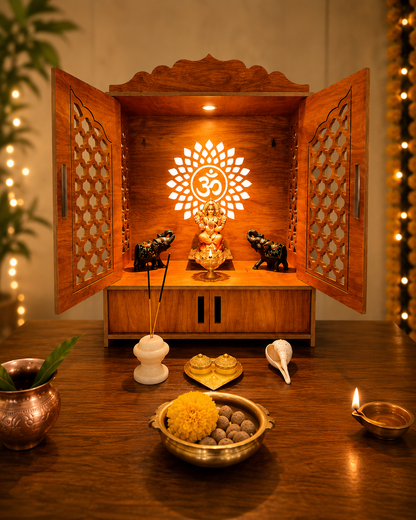 Premium Wooden Home Temple with LED Light & Storage – Engineered Wood Mandir for Home | 21 x 15 x 9 Inches