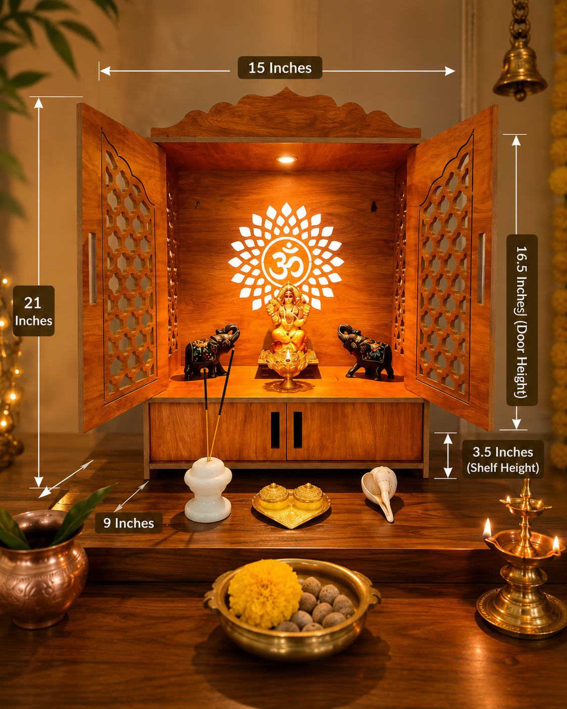 Premium Wooden Home Temple with LED Light & Storage – Engineered Wood Mandir for Home | 21 x 15 x 9 Inches