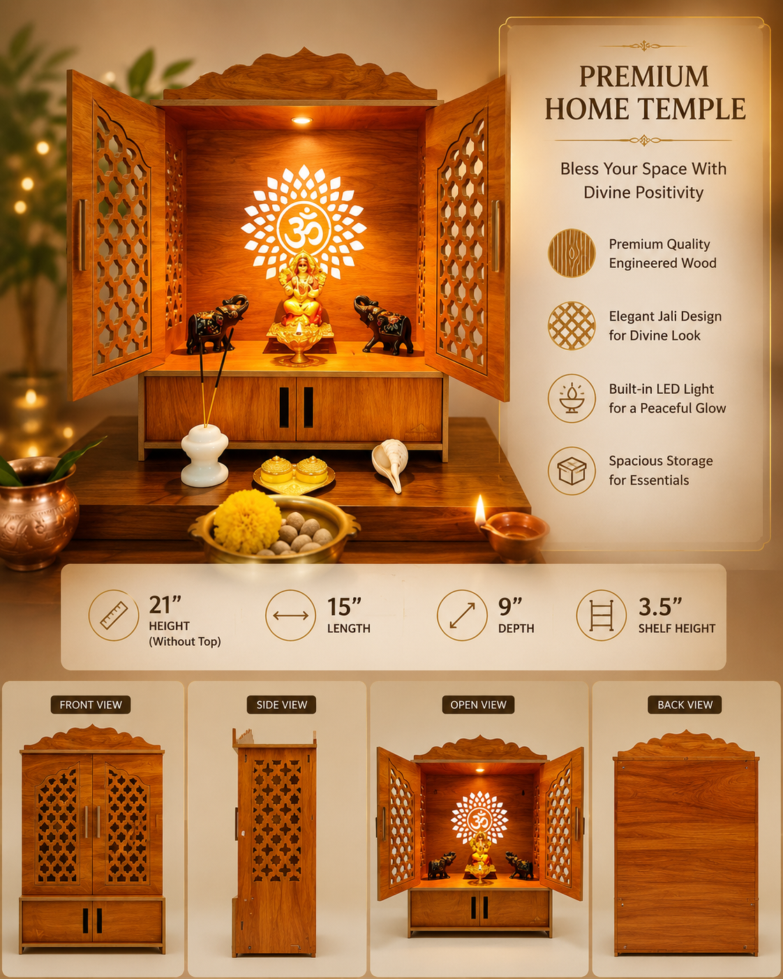 Premium Wooden Home Temple with LED Light & Storage – Engineered Wood Mandir for Home | 21 x 15 x 9 Inches