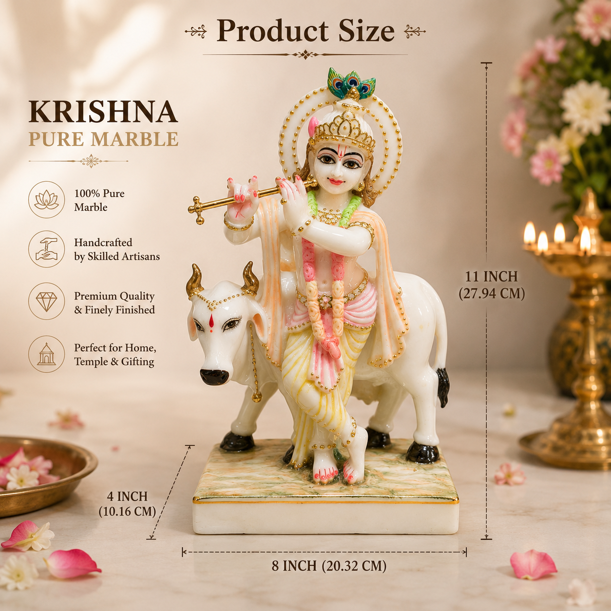 Lord Krishna with Cow Pure Marble Idol – 11 Inch Handcrafted Marble Murti for Home Temple & Spiritual Decor