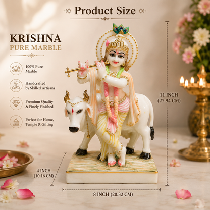 Lord Krishna with Cow Pure Marble Idol – 11 Inch Handcrafted Marble Murti for Home Temple & Spiritual Decor