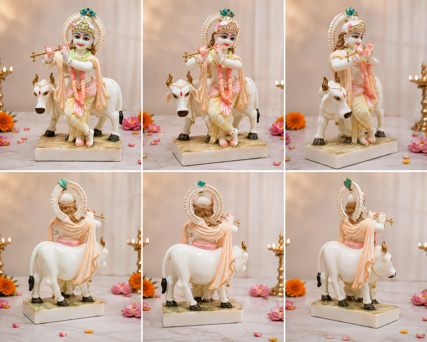 Lord Krishna with Cow Pure Marble Idol – 11 Inch Handcrafted Marble Murti for Home Temple & Spiritual Decor