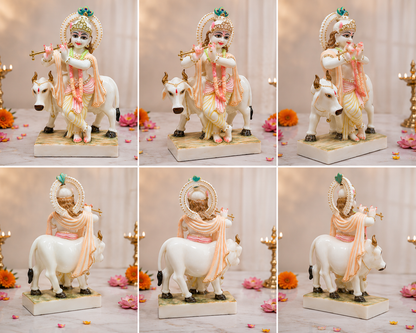 Lord Krishna with Cow Pure Marble Idol – 11 Inch Handcrafted Marble Murti for Home Temple & Spiritual Decor