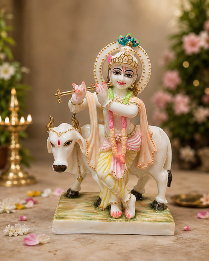 Lord Krishna with Cow Pure Marble Idol – 11 Inch Handcrafted Marble Murti for Home Temple & Spiritual Decor