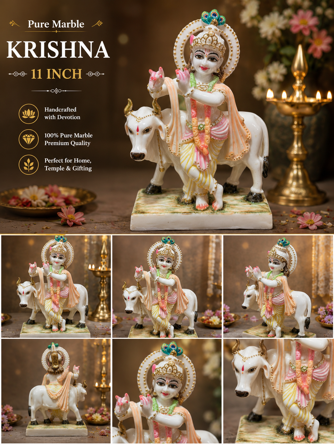 Lord Krishna with Cow Pure Marble Idol – 11 Inch Handcrafted Marble Murti for Home Temple & Spiritual Decor