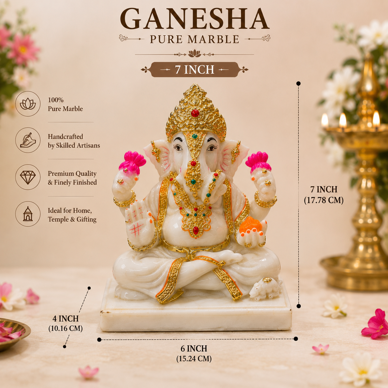 Lord Ganesha Marble Dust Idol – 7 Inch Handcrafted Decorative Murti for Home Temple & Gifting