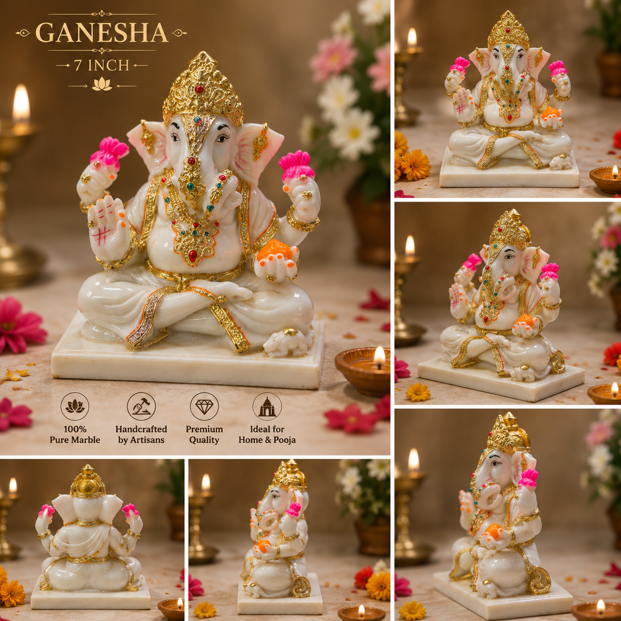 Lord Ganesha Marble Dust Idol – 7 Inch Handcrafted Decorative Murti for Home Temple & Gifting