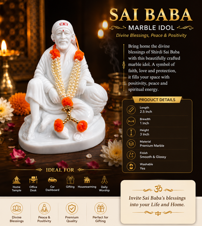 Shirdi Sai Baba Marble Idol – 3 Inch Pure White Marble Murti for Home Temple, Car Dashboard & Office