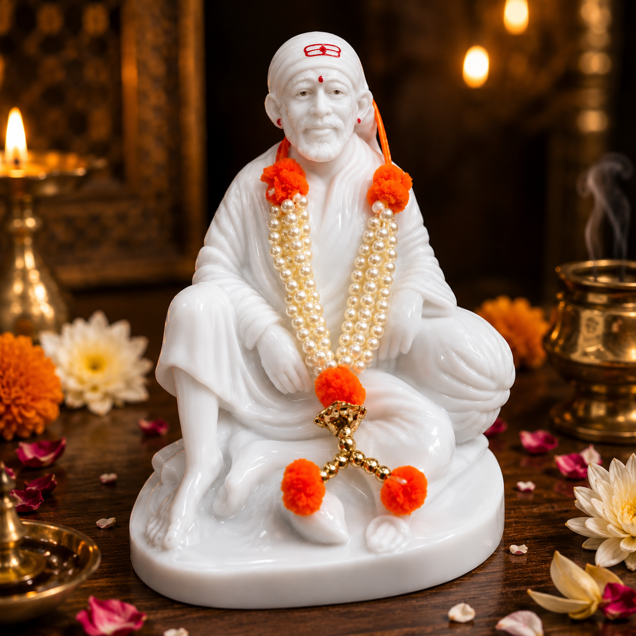 Shirdi Sai Baba Marble Idol – 3 Inch Pure White Marble Murti for Home Temple, Car Dashboard & Office