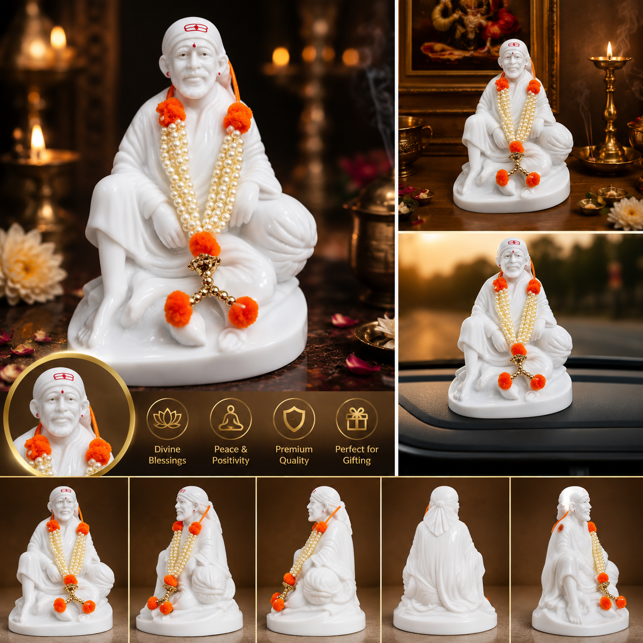 Shirdi Sai Baba Marble Idol – 3 Inch Pure White Marble Murti for Home Temple, Car Dashboard & Office