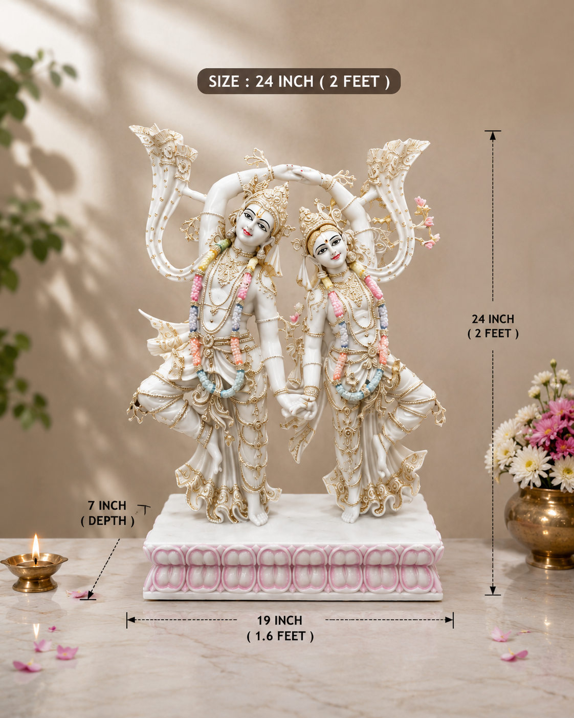 Radha Krishna Jugal Jodi – 2 Feet Handcrafted Pure White Marble Idol for Home Temple & Sacred Décor