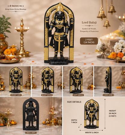 Lord Balaji Idol – 2 Feet Handcrafted Pure Black Marble Murti for Home Temple & Spiritual Décor