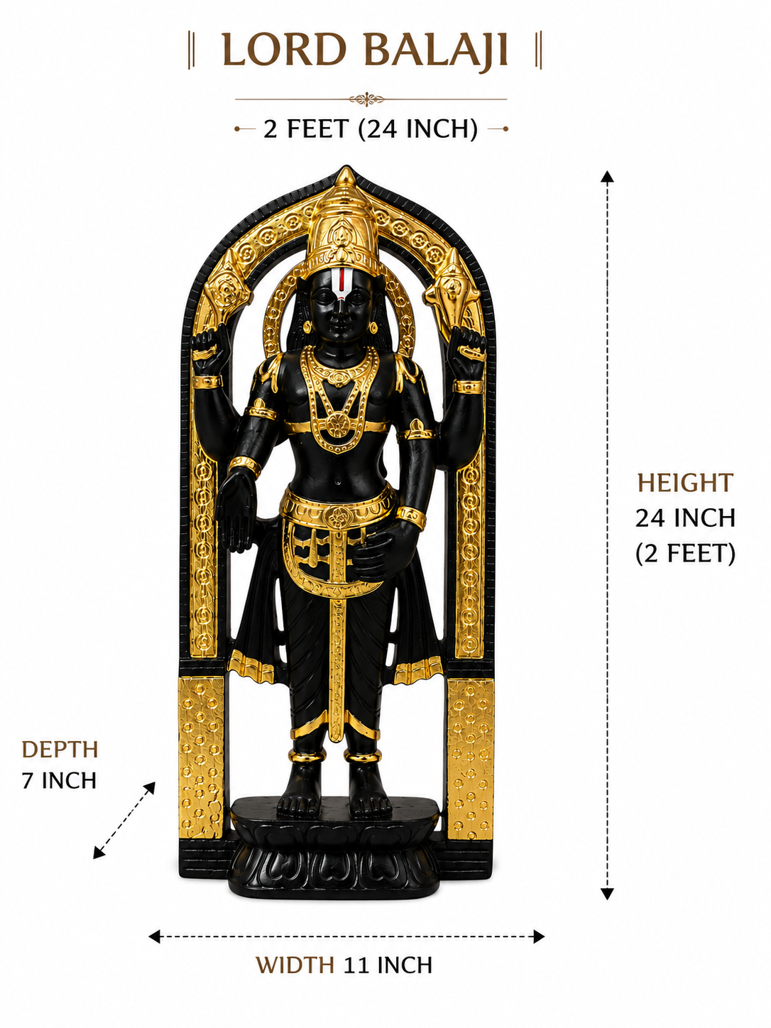 Lord Balaji Idol – 2 Feet Handcrafted Pure Black Marble Murti for Home Temple & Spiritual Décor