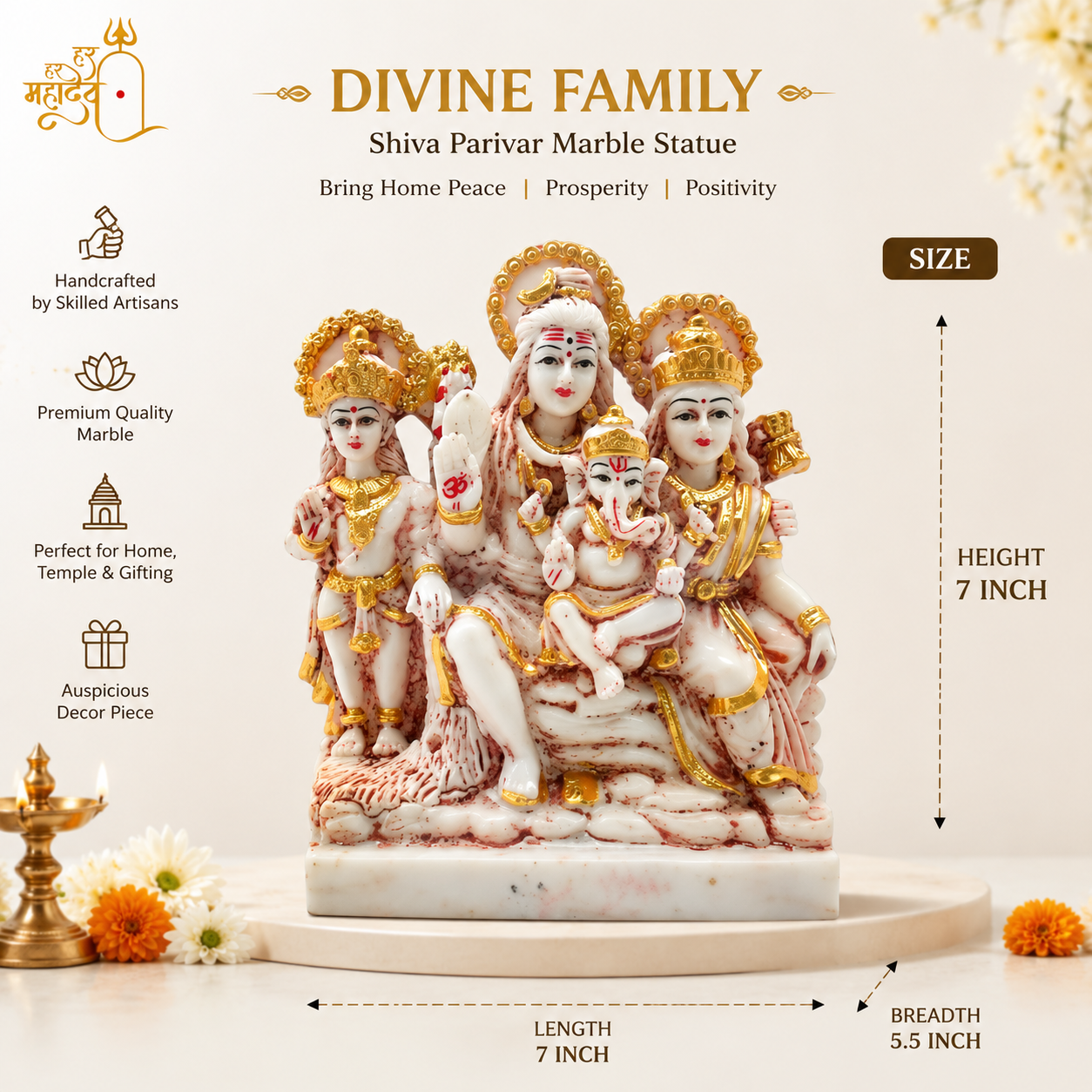 Shiv Parivar Murti – 7 Inch Handcrafted Pure White Marble Idol for Home Temple & Spiritual Décor