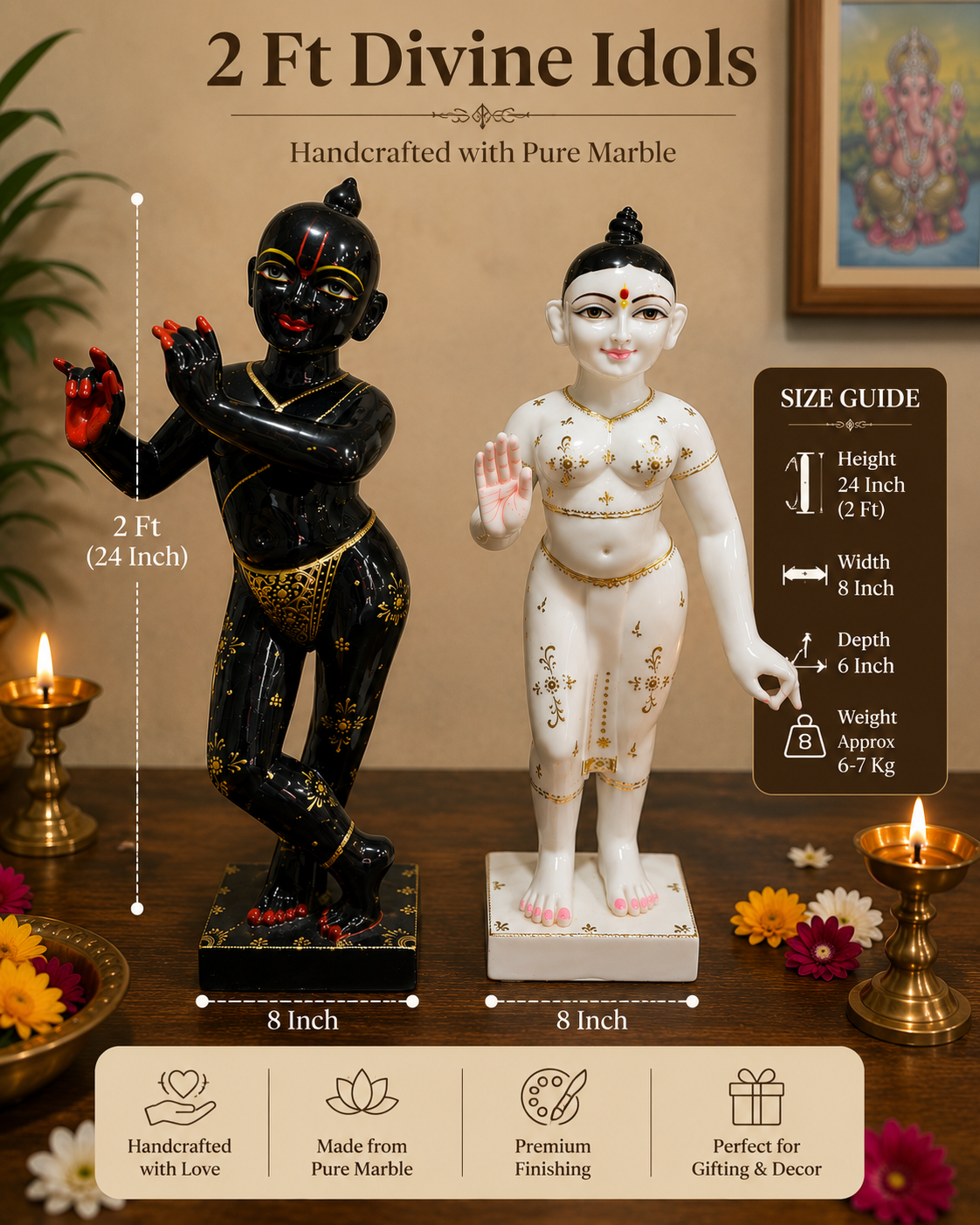 ISKCON Gaura Nitai Idol Set – 2 Feet Handcrafted Pure Marble Statues