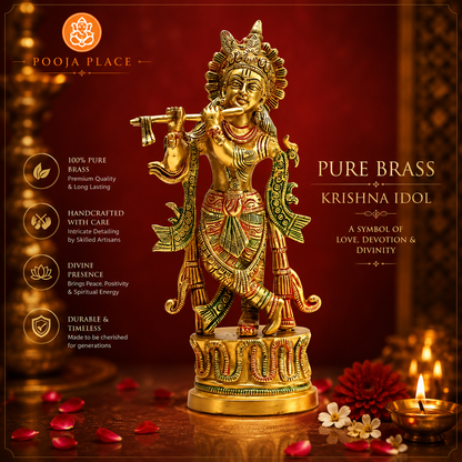 Pure Brass Krishna Idol – 8.85 Inch | Premium Handmade Brass Murti