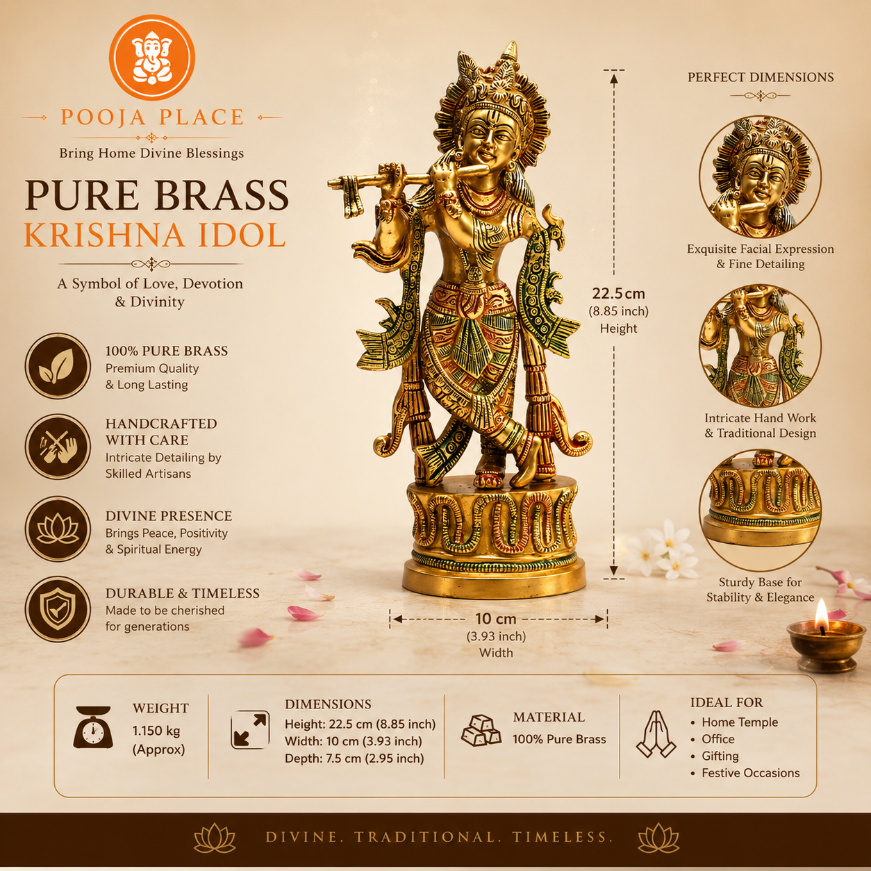 Pure Brass Krishna Idol – 8.85 Inch | Premium Handmade Brass Murti