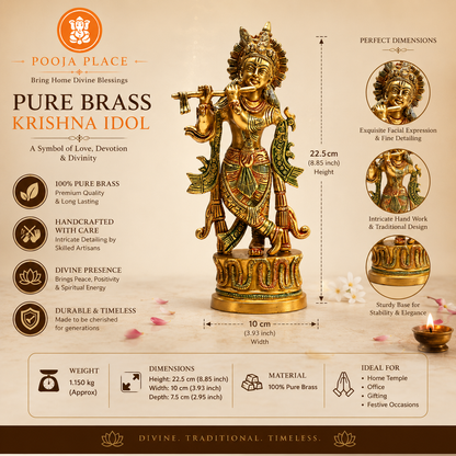 Pure Brass Krishna Idol – 8.85 Inch | Premium Handmade Brass Murti