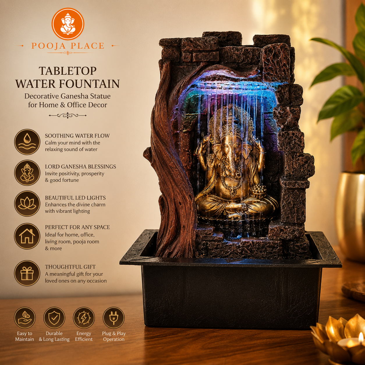 Ganesha Tabletop Water Fountain with LED Lights