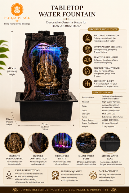 Ganesha Tabletop Water Fountain with LED Lights