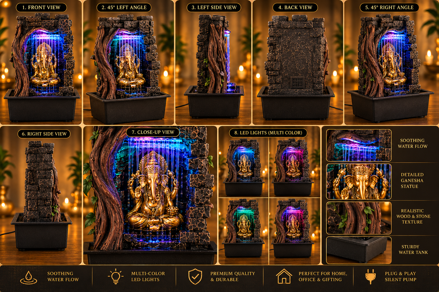 Ganesha Tabletop Water Fountain with LED Lights