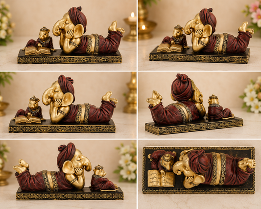 Lesender Ganesha mit Mushika – Dekorative Premium-Kunstharz-Skulptur