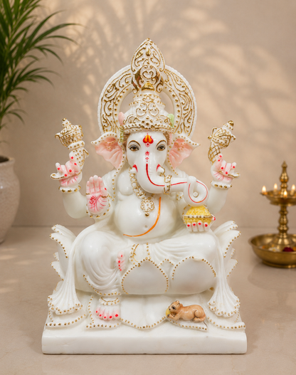 18 Inch Premium White Marble Lord Ganesha Idol | Handcrafted Marble Ganesh Murti for Home Temple, Office & Spiritual Décor