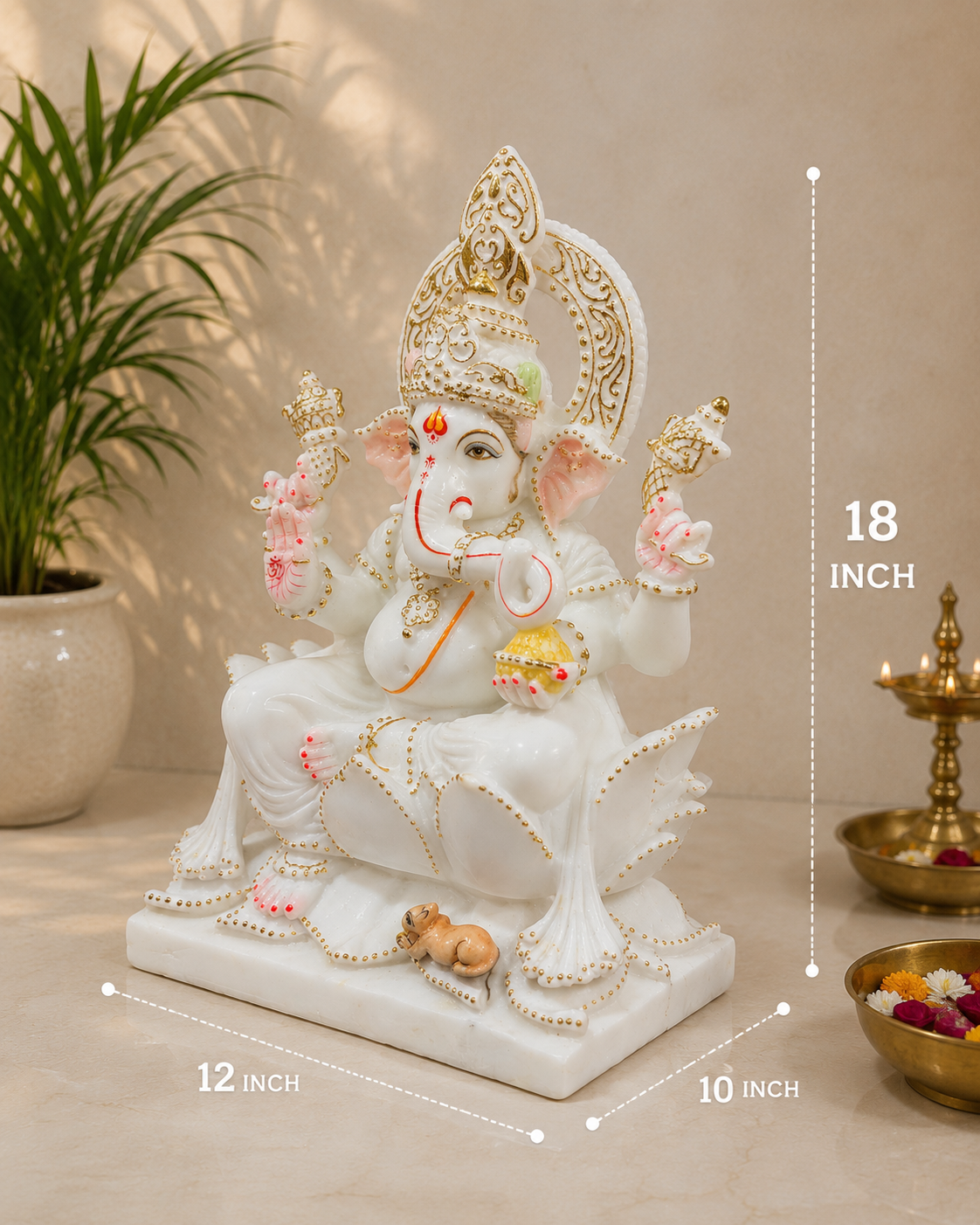 18 Inch Premium White Marble Lord Ganesha Idol | Handcrafted Marble Ganesh Murti for Home Temple, Office & Spiritual Décor