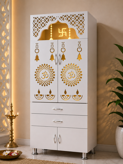 Handcrafted Wooden Home Mandir | White Wooden Temple for Home (145 × 60 × 34 cm
