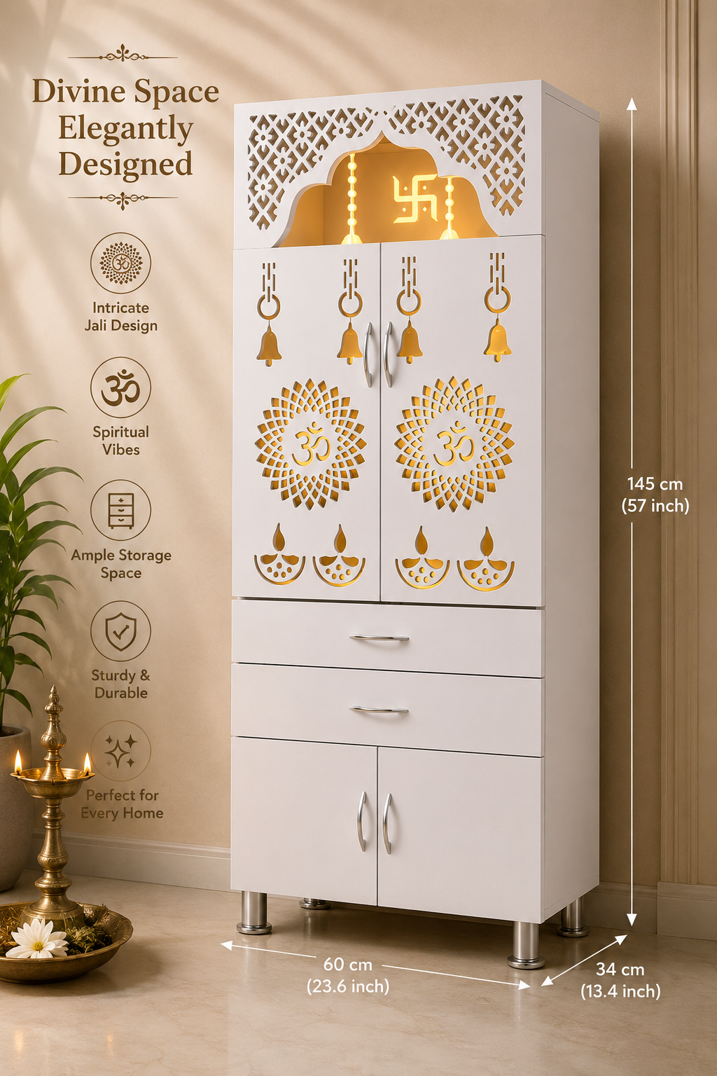 Handcrafted Wooden Home Mandir | White Wooden Temple for Home (145 × 60 × 34 cm
