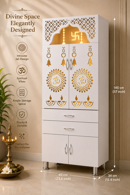 Handcrafted Wooden Home Mandir | White Wooden Temple for Home (145 × 60 × 34 cm