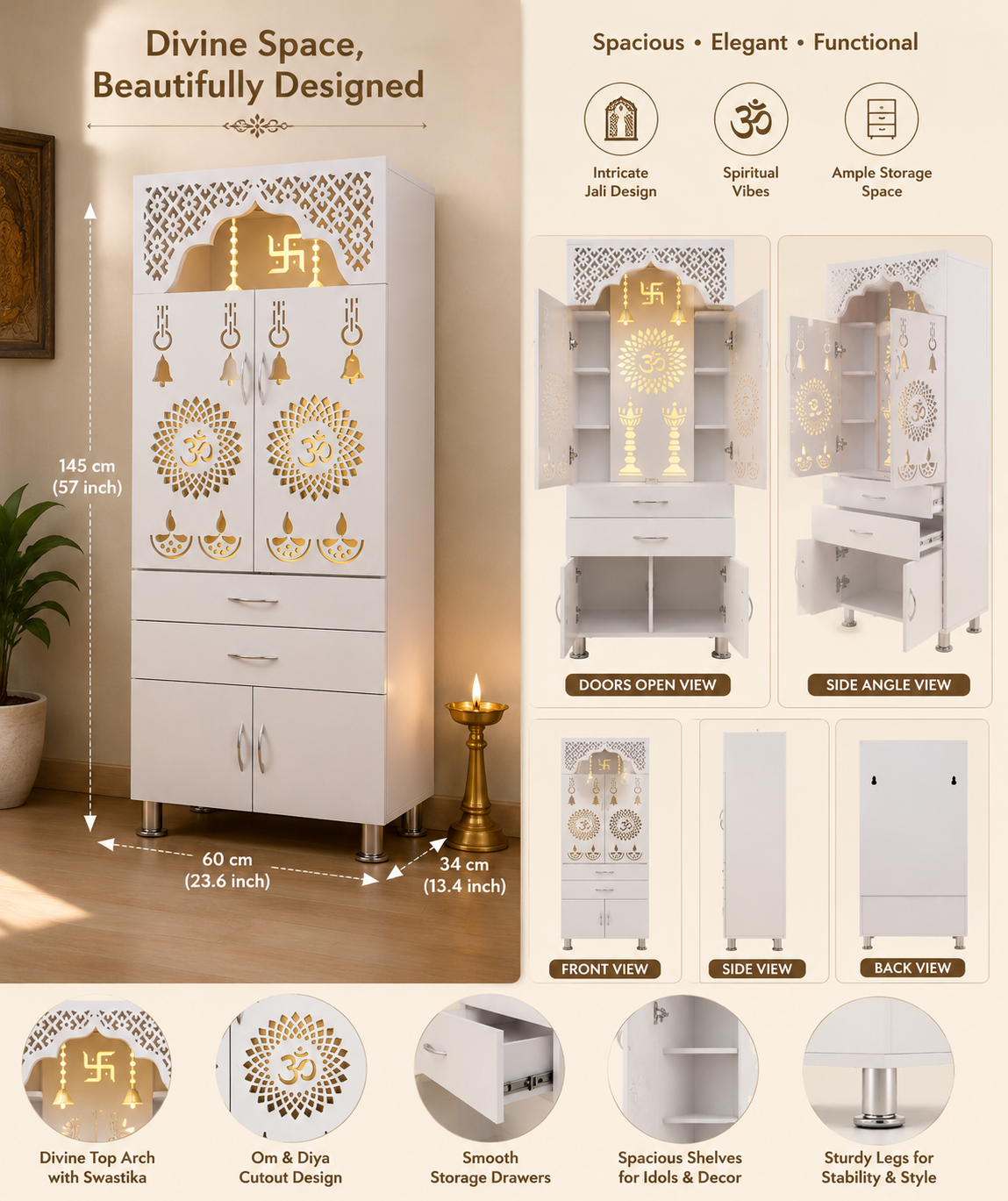 Handcrafted Wooden Home Mandir | White Wooden Temple for Home (145 × 60 × 34 cm