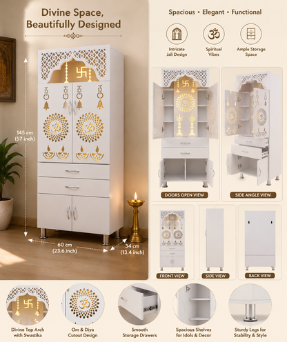 Handcrafted Wooden Home Mandir | White Wooden Temple for Home (145 × 60 × 34 cm