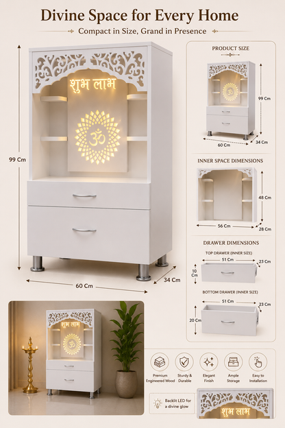 Handcrafted Wooden Home Mandir with LED Backlit Om Panel (99 × 60 × 34 cm)
