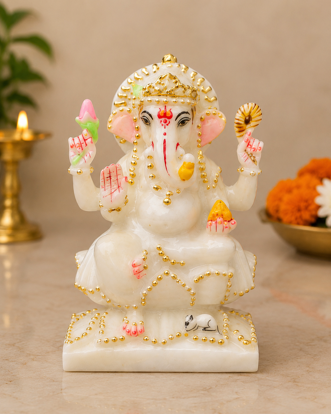 7 Inch Pure White Marble Lord Ganesha Idol | Handcrafted Ganesh Murti for Home Temple, Office & Gifts