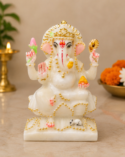 7 Inch Pure White Marble Lord Ganesha Idol | Handcrafted Ganesh Murti for Home Temple, Office & Gifts