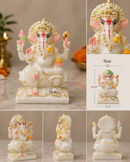 7 Inch Pure White Marble Lord Ganesha Idol | Handcrafted Ganesh Murti for Home Temple, Office & Gifts