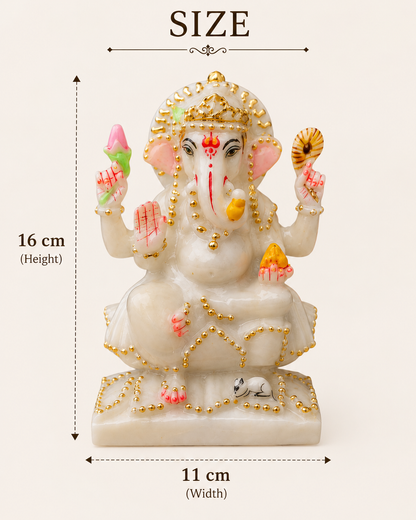 7 Inch Pure White Marble Lord Ganesha Idol | Handcrafted Ganesh Murti for Home Temple, Office & Gifts