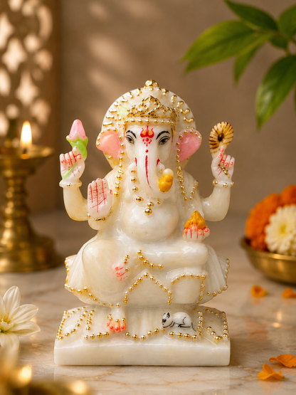7 Inch Pure White Marble Lord Ganesha Idol | Handcrafted Ganesh Murti for Home Temple, Office & Gifts