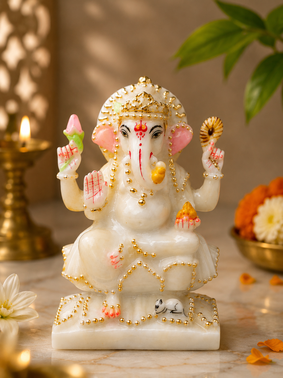 7 Inch Pure White Marble Lord Ganesha Idol | Handcrafted Ganesh Murti for Home Temple, Office & Gifts