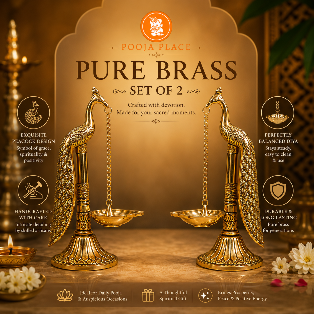 Pure Brass Peacock Diya Set – Set of 2